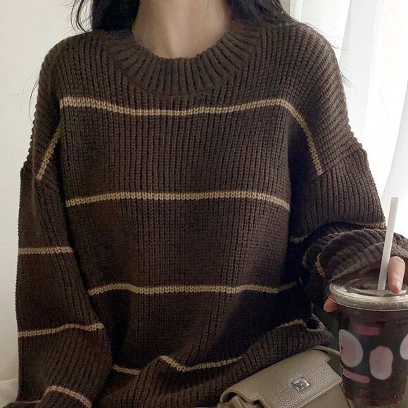 Multicolor Casual Women's Striped Loose Fit Crew Neck Sweater - Picture 2 of 9